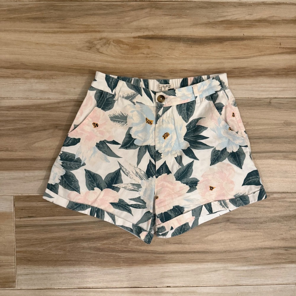 Billabong x‎ The Salty Blonde Floral High Waisted Shorts Cream Blue Pink Size 26